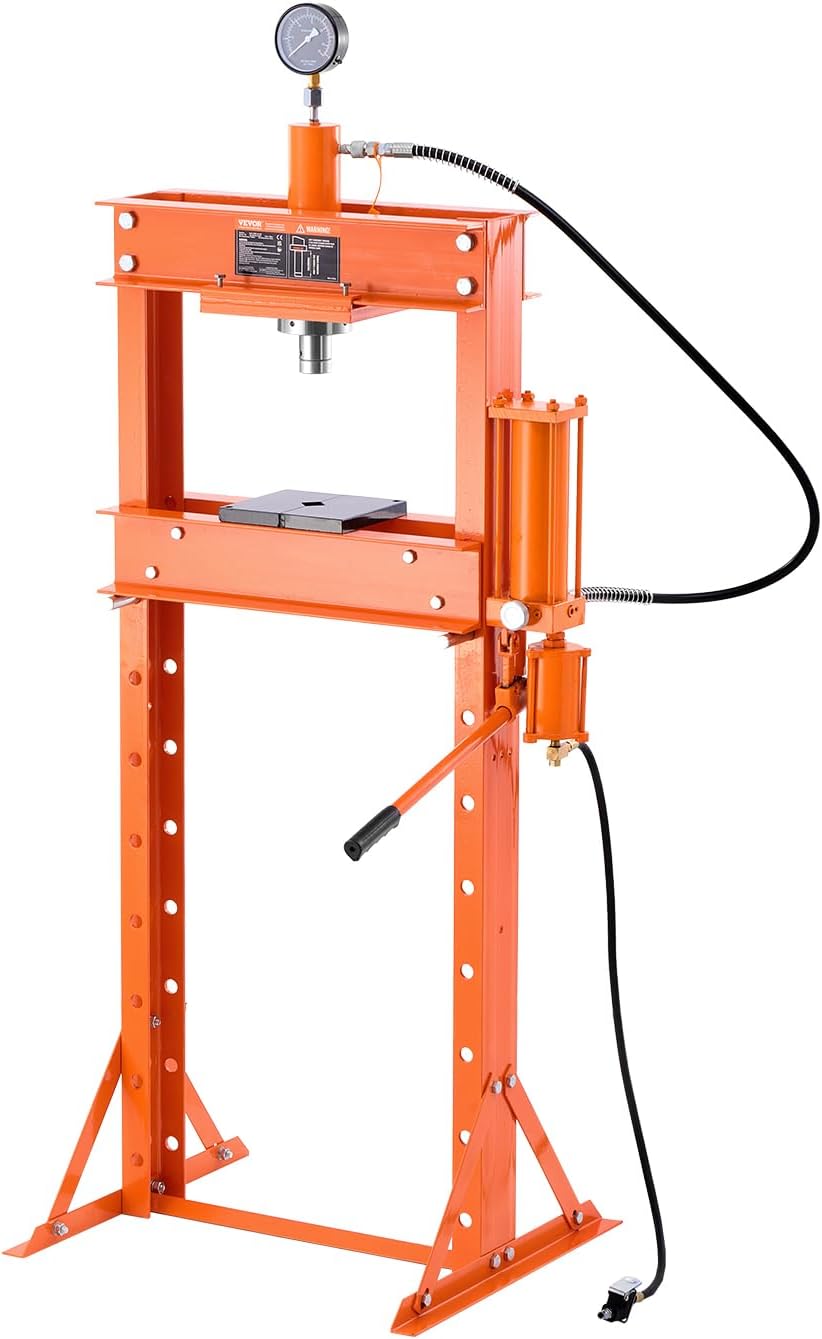 VEVOR Hydraulic Shop Press, 20 T H-Frame Pneumatic Shop Press with Press Plate, Stable Garage Floor Adjustable Hydraulic Press with Triangular Support, Fit for Bending, Straightening & Stamping