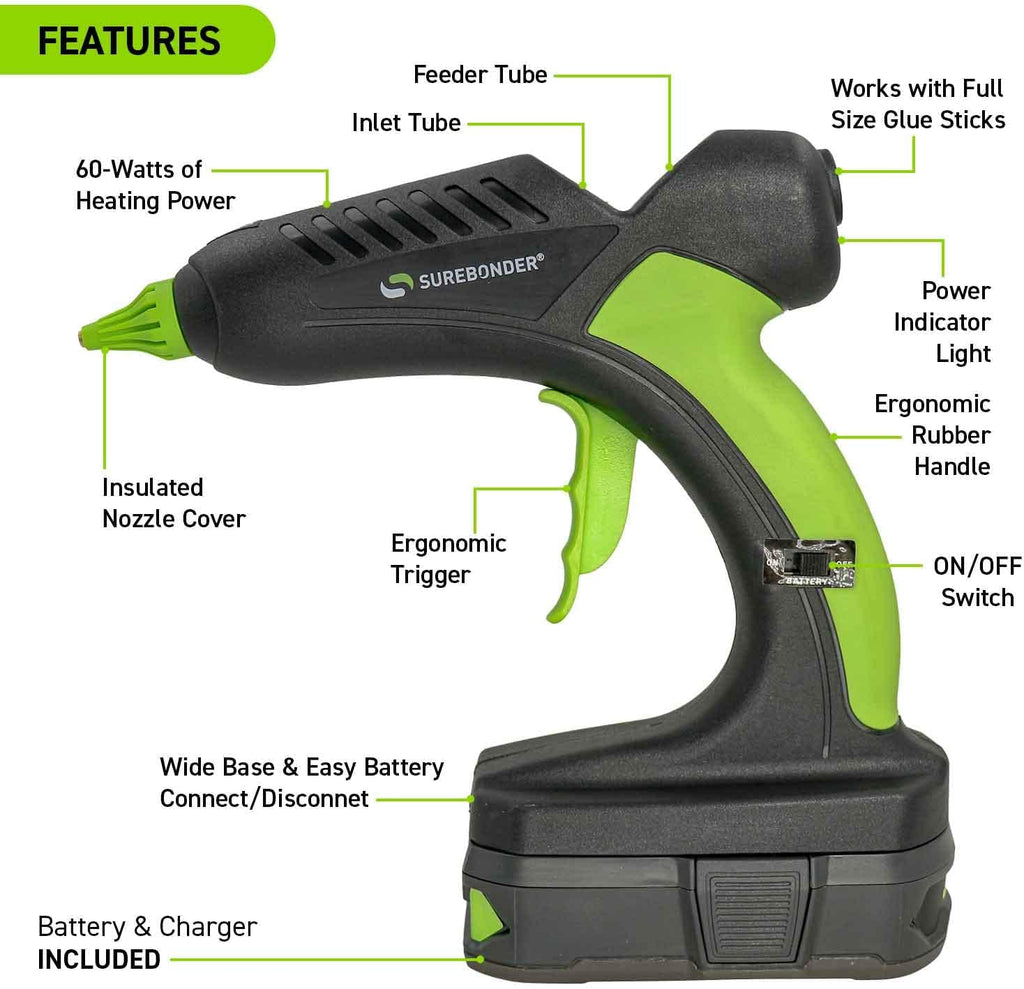 Surebonder 60 Watt Ryobi Type 18 Volt Battery Powered Cordless Professional Heavy Duty Full Size Hot Glue Gun with Battery and Charger Included