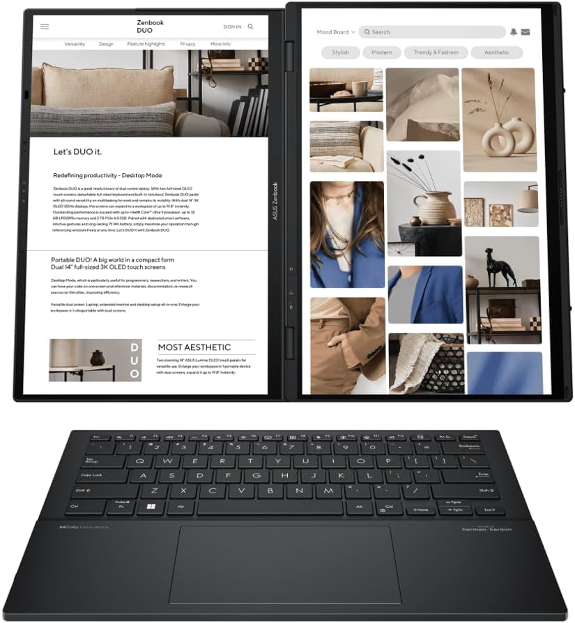 ASUS Zenbook Duo AI Powered 2-in-1 Laptop 14.0' Touchscreen OLED WUXGA Display (Intel Ultra 9-285H, 32GB LPDDR5X, 2TB PCIe SSD, Backlit KB, 2 Thunderbolt 4, WiFi 7, Win 11 Pro) w/DKZ USB Port Expander
