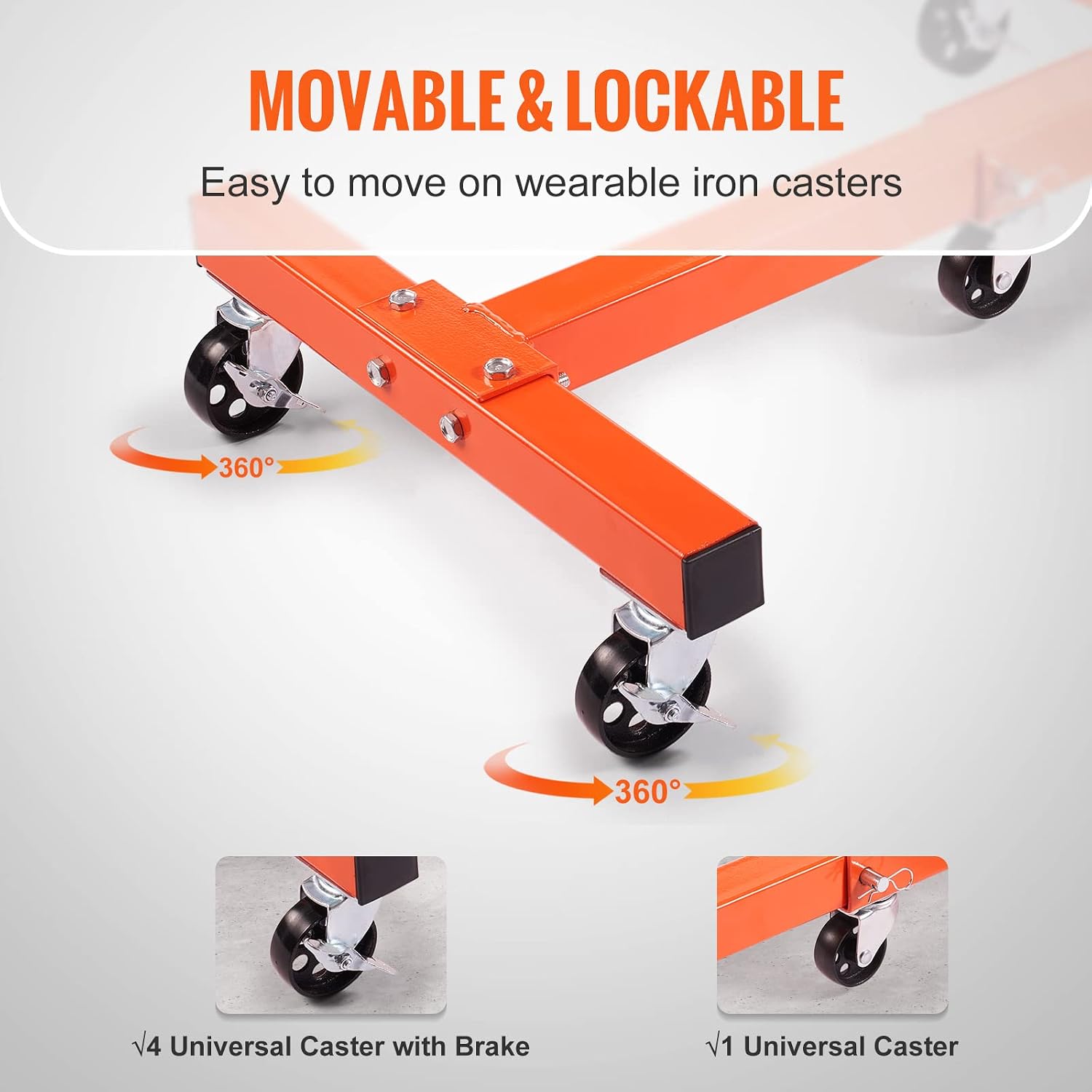 VEVOR Engine Stand, 3/4 Ton (1500 LBS) Capacity Engine Motor Stand, with 360-Degree Rotating Head, Heavy-Duty Steel Engine Lift Stand with 5-Casters, 4 Adjustable Arms, Orange