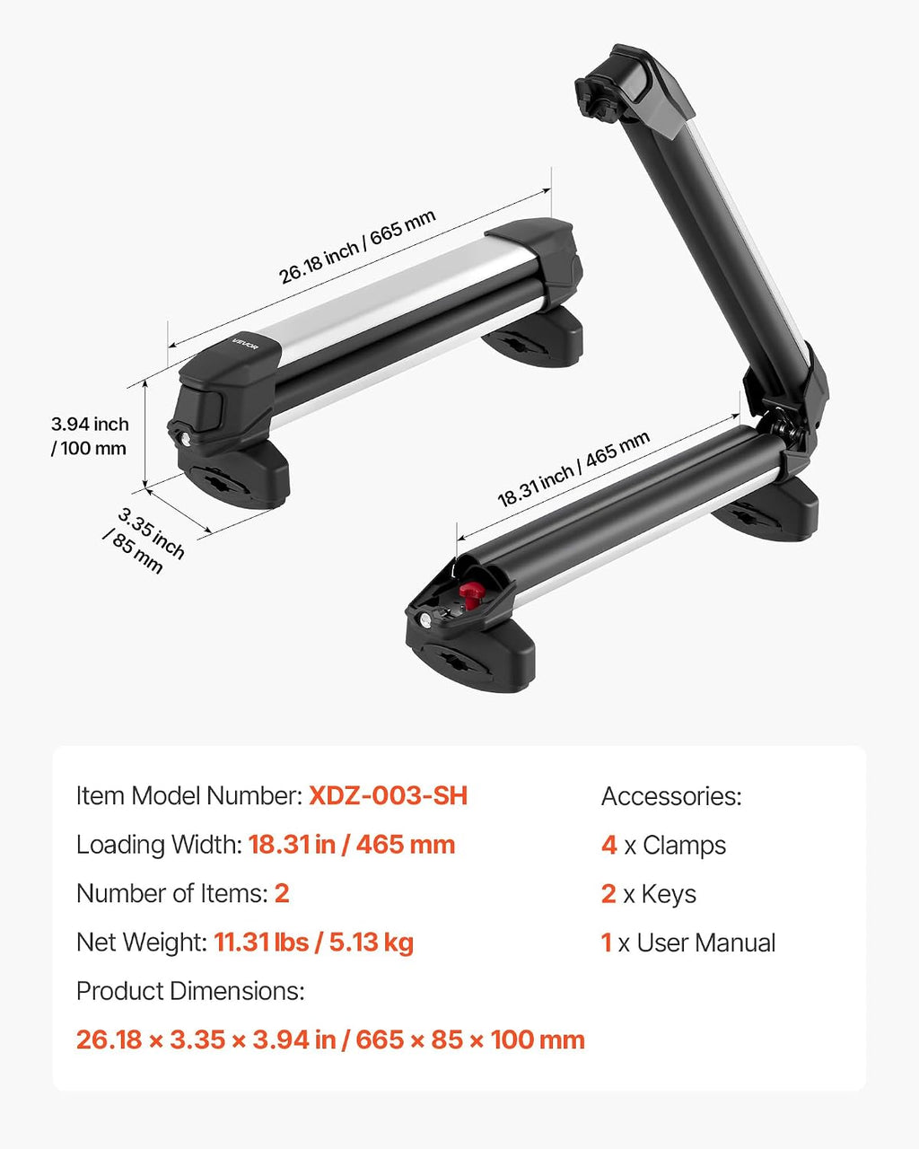 VEVOR Ski & Snowboard Roof Rack, Carry up to 4 Pairs of Skis or 2 Snowboards, 2 PCS Aluminum Universal Car Roof Rack Top Holder with Lock & Rubber Padding, Carrier for Fishing Rod, Fit Most Crossbars