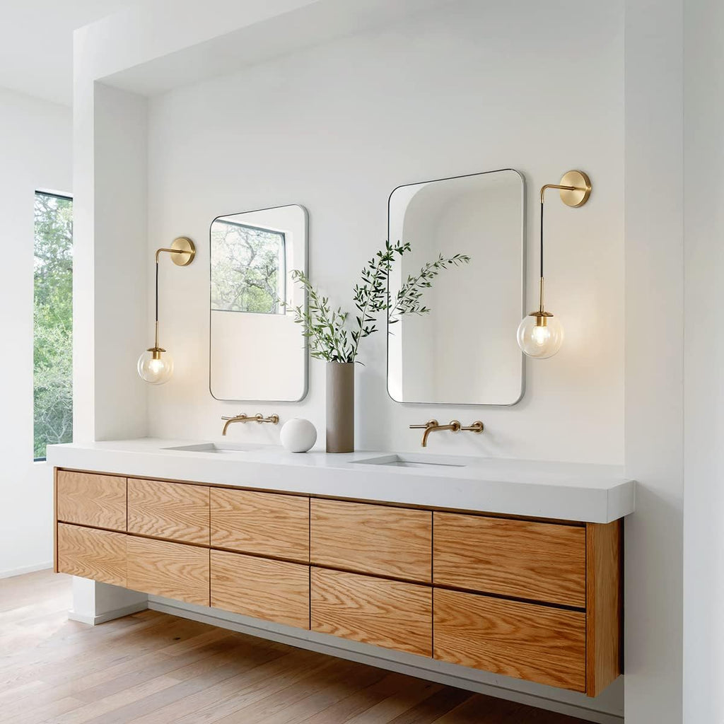 BOKT Mid Century Modern Globe Wall Sconce Lighting Set of 2 Brushed Brass Gold Amber Glass Round Wall Light Fixture Set of Two Vintage Vanity Bathroom Globe Wall Lamp (Amber)
