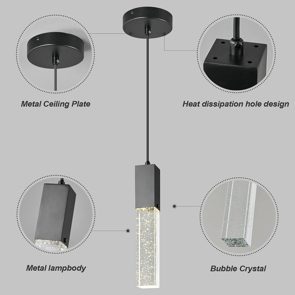 Modern Crystal Pendant Lights - Dimmable LED 4500K Black Hanging Light Fixture for Kitchen Island & Bedroom, Mini Bubble Design, 3 Pack