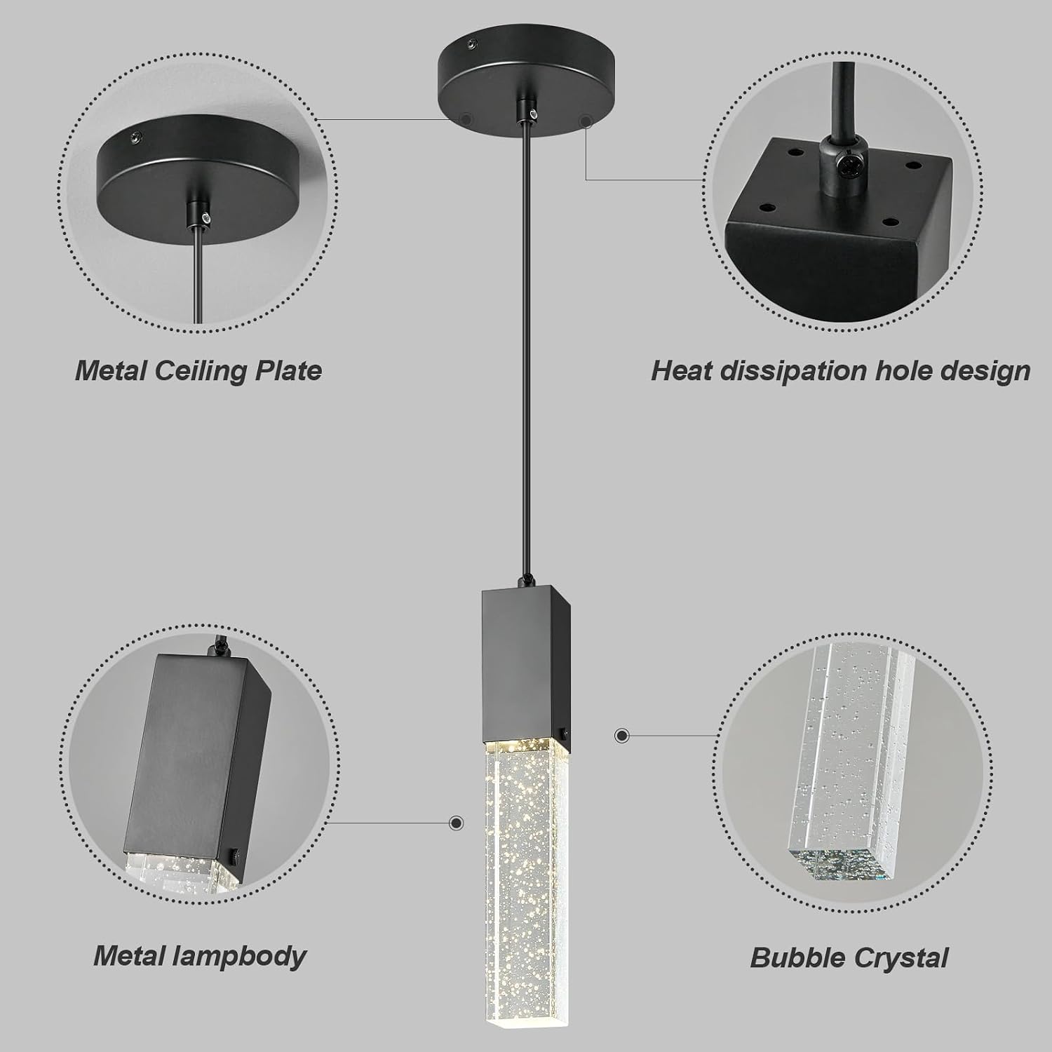 Modern Crystal Pendant Lights - Dimmable LED 4500K Black Hanging Light Fixture for Kitchen Island & Bedroom, Mini Bubble Design, 3 Pack