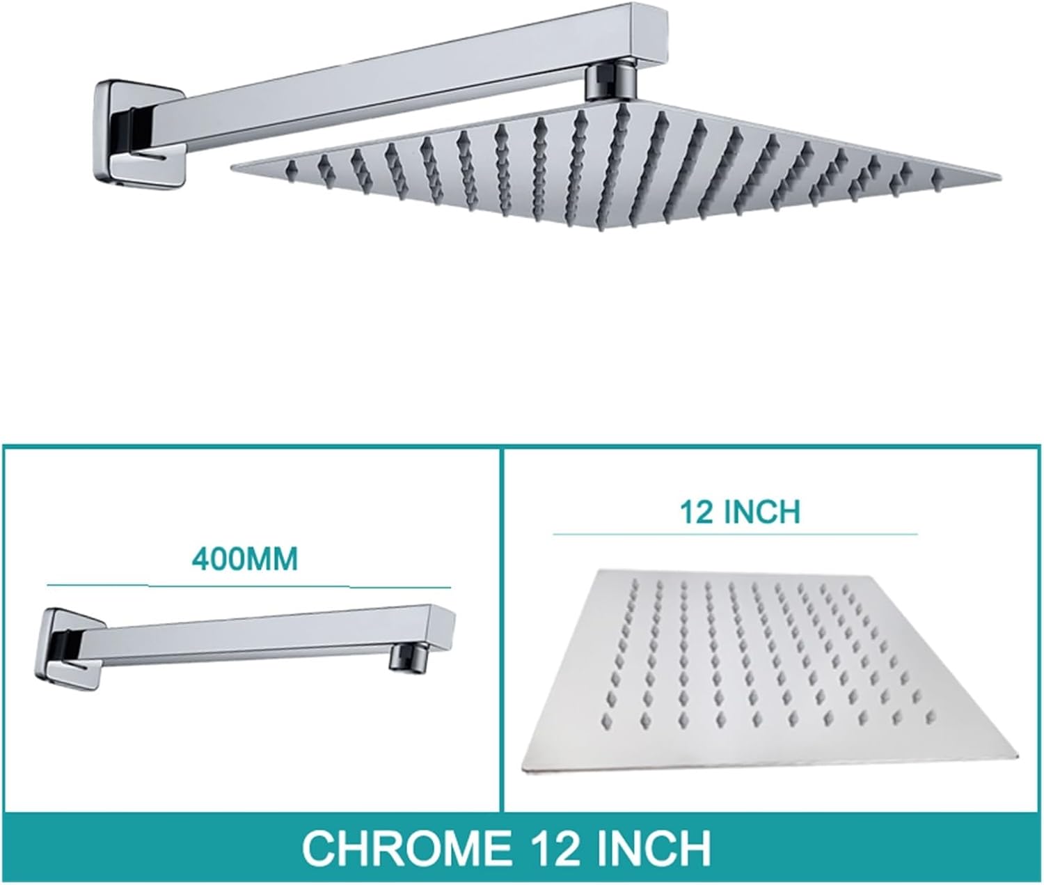 Square Wall Mounted Top Overhead Shower Bathroom Fixture Set Stainless Steel 8/10/11 Inch with Shower Arm Chrome Matt Black(Chrome 12 inch)