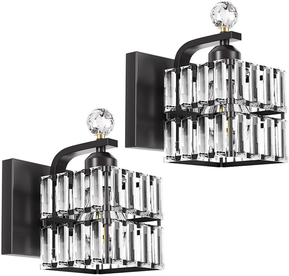 Modern Crystal Wall Sconce Set of 2 Black Finish Square Double Layer Prism Vanity Light Fixture for Bathroom Bedroom Mirror Living Room