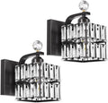 Modern Crystal Wall Sconce Set of 2 Black Finish Square Double Layer Prism Vanity Light Fixture for Bathroom Bedroom Mirror Living Room