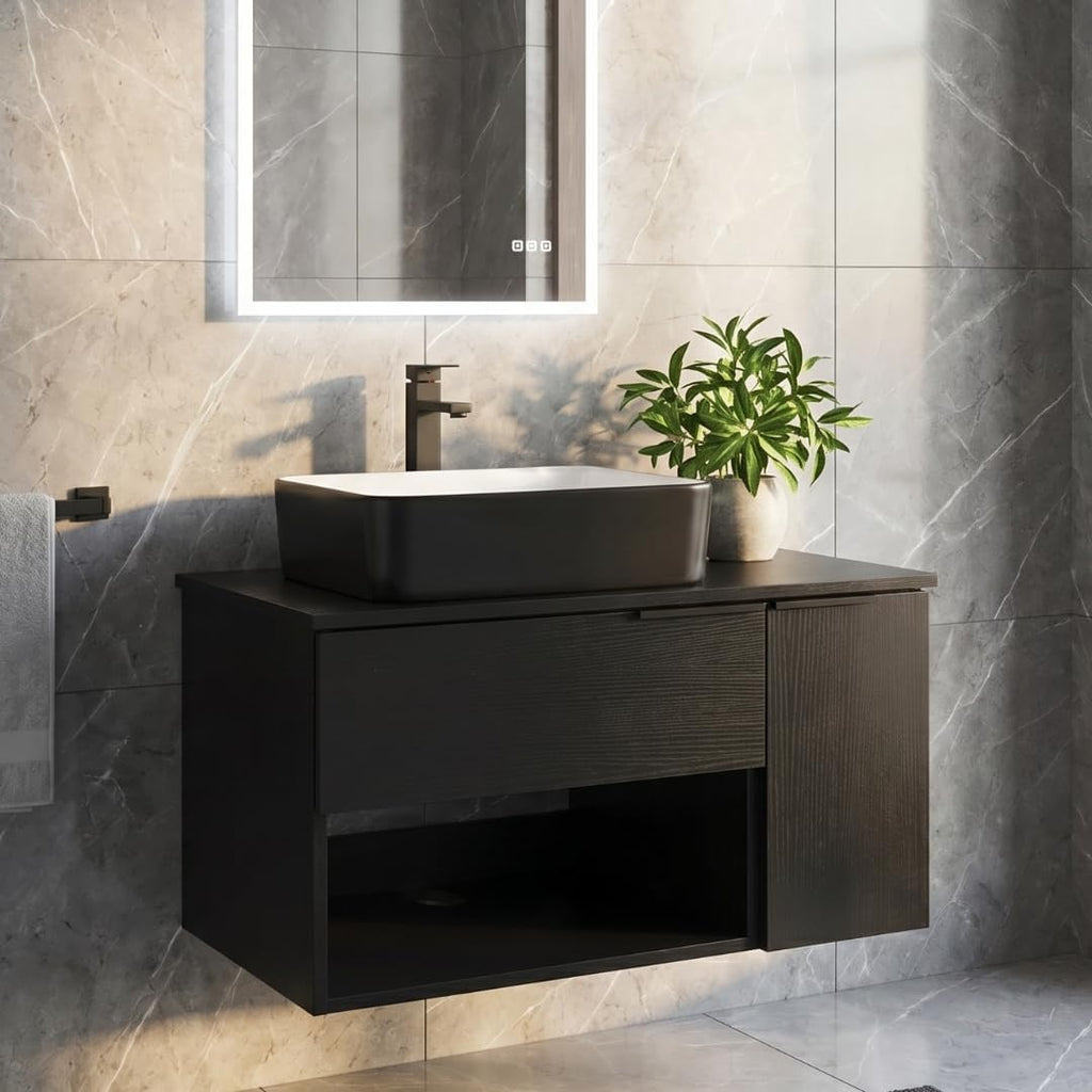 28 Inch Black Floating Bathroom Vanity with 1-Door and 1-Drawer, Modern Wall Mounted Cabinet with Black White Ceramic Vessel Sink Top