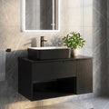 28 Inch Black Floating Bathroom Vanity with 1-Door and 1-Drawer, Modern Wall Mounted Cabinet with Black White Ceramic Vessel Sink Top