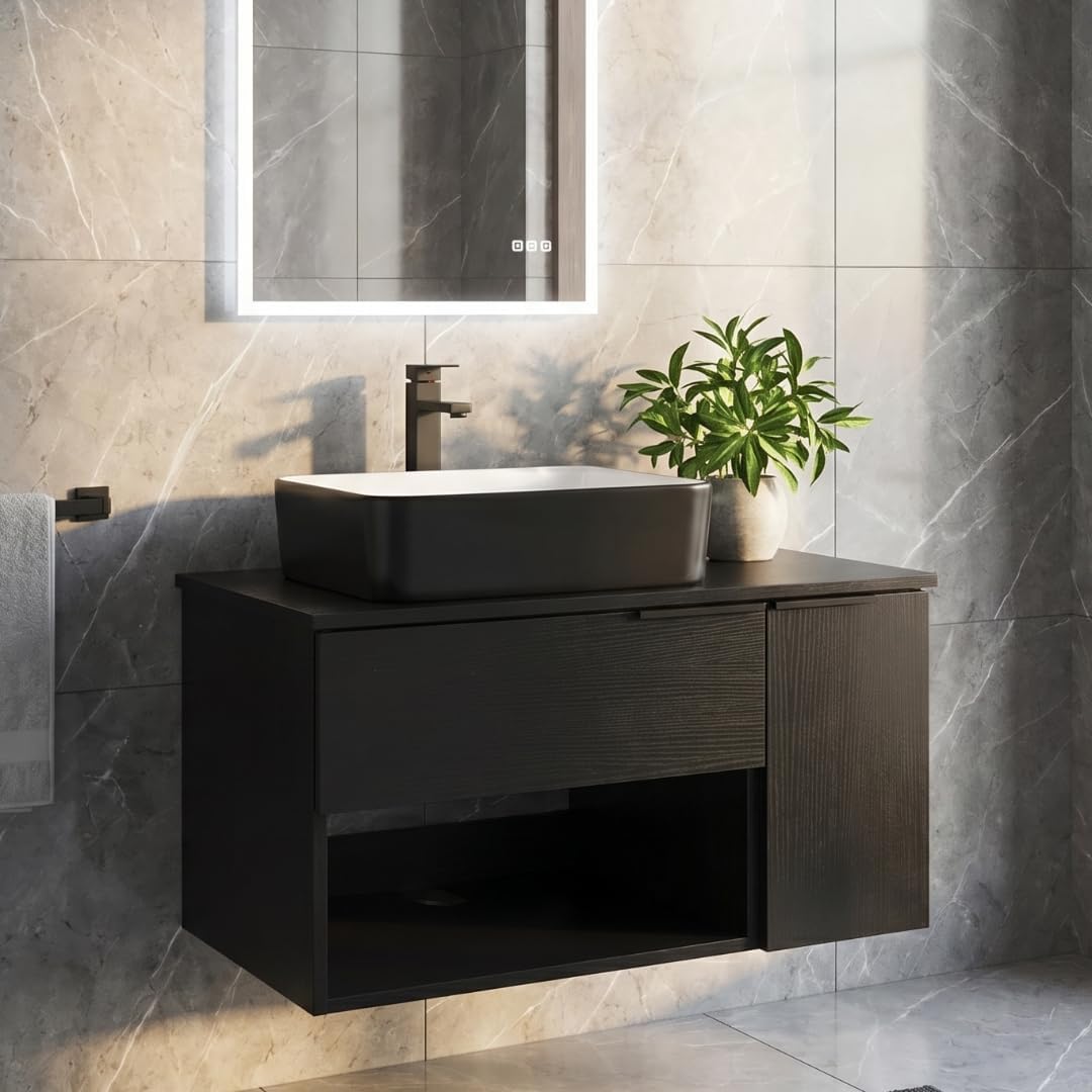 28 Inch Black Floating Bathroom Vanity with 1-Door and 1-Drawer, Modern Wall Mounted Cabinet with Black White Ceramic Vessel Sink Top
