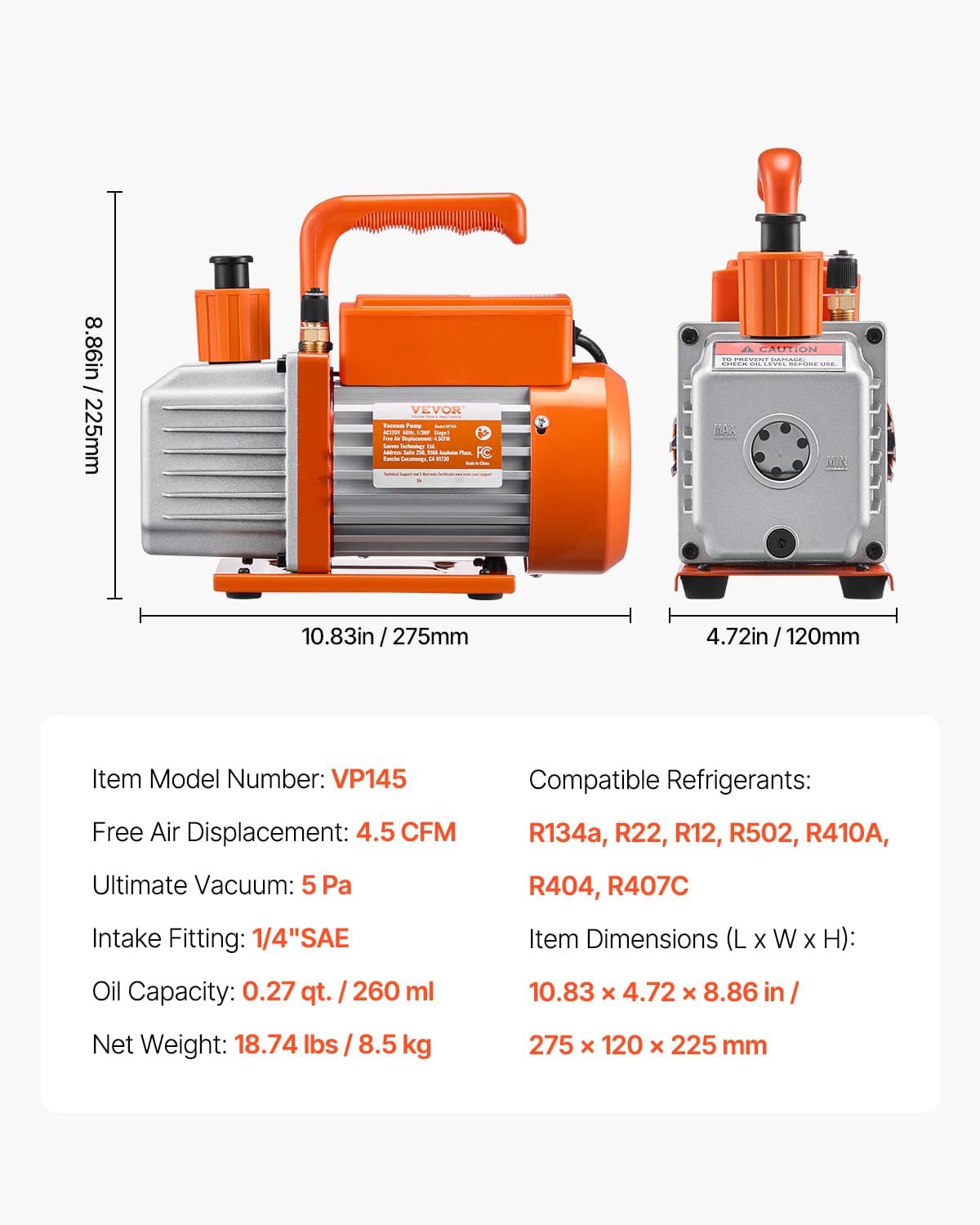 VEVOR 4.5 CFM AC Vacuum Pump and Gauge Set, Single Stage Rotary Vane HVAC Air Vacuum Pump, A/C Refrigerant Manifold Gauge Kit, with Leak Detector Hoses, for R134a, R12, R22, R502a, R410A, R404, R407C