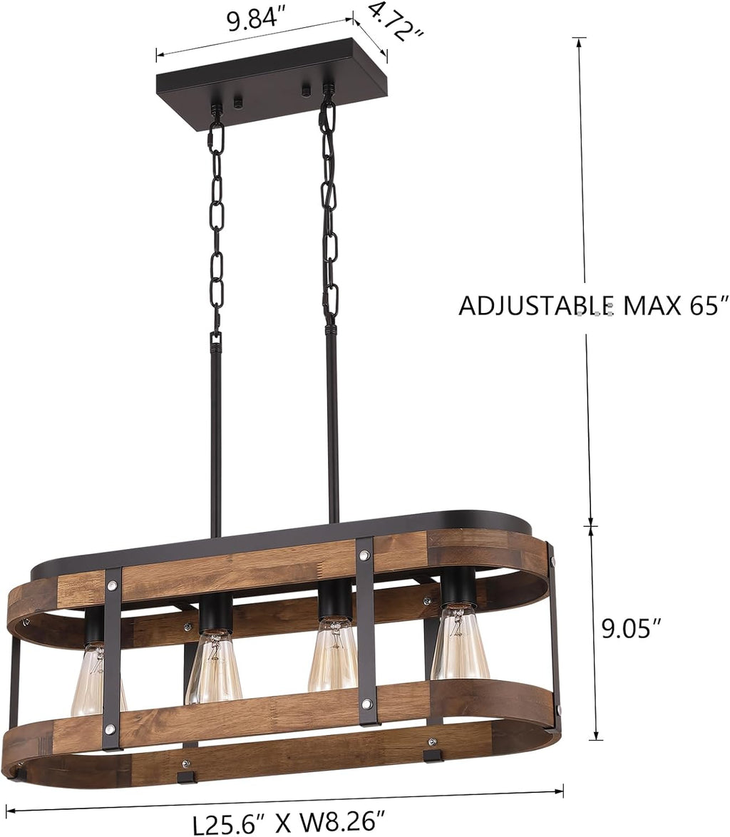 Rustic Farmhouse Wood Kitchen Island Lighting, 4 Lights Rectangular Pendant Light Fixture, Adjustable Rods Oak Wood and Metal Linear Chandelier for Kitchen Island Farmhouse Dining Room, Black