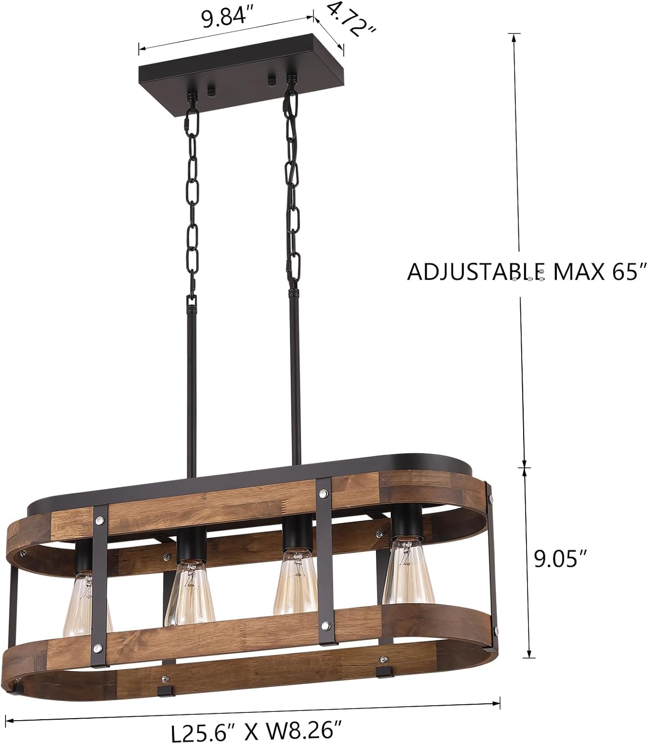 Rustic Farmhouse Wood Kitchen Island Lighting, 4 Lights Rectangular Pendant Light Fixture, Adjustable Rods Oak Wood and Metal Linear Chandelier for Kitchen Island Farmhouse Dining Room, Black