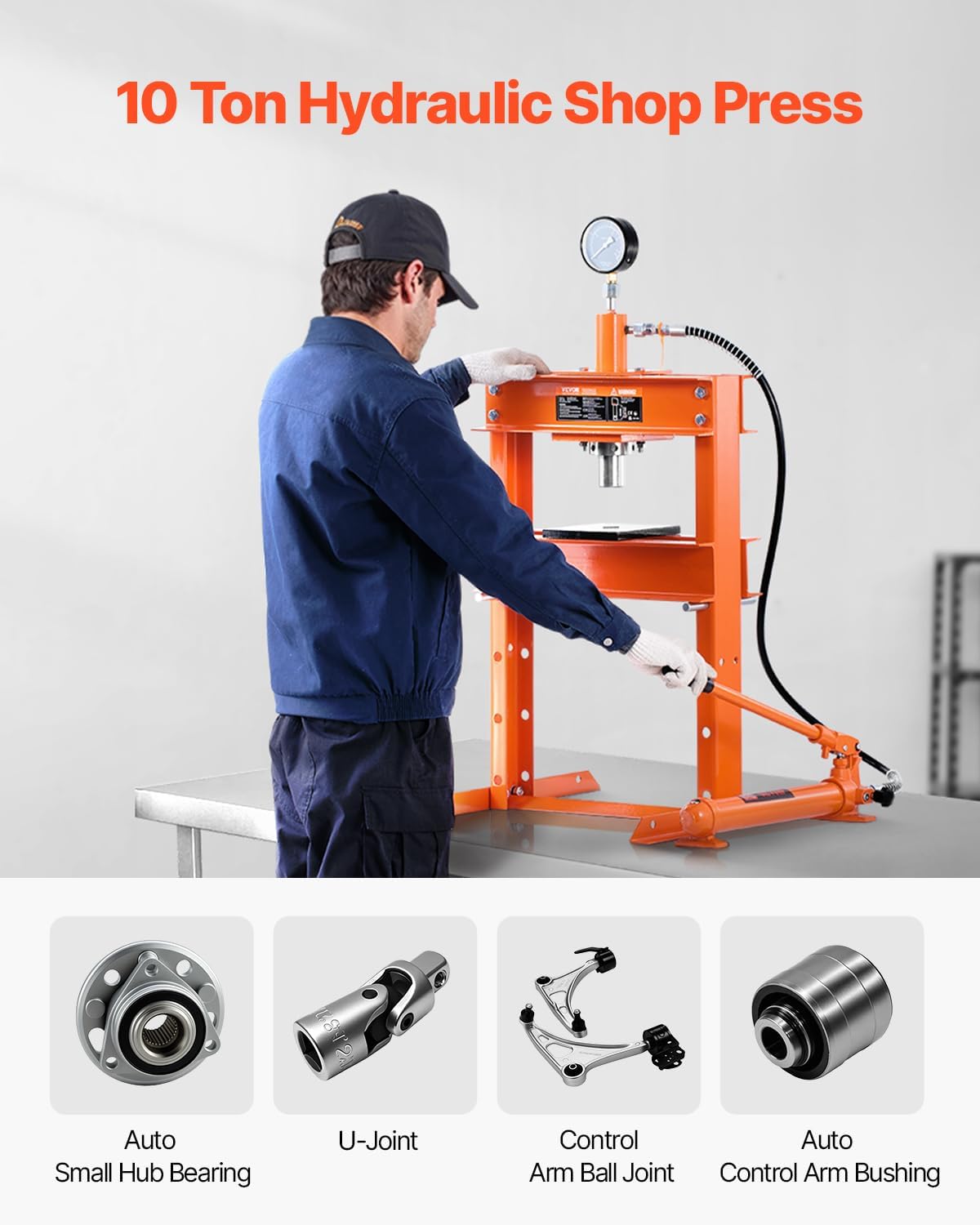 VEVOR Hydraulic Shop Press, 10 T H-Frame Shop Press with Press Plate & H-Shaped Base, Stable Garage Floor Adjustable Hydraulic Press with Relief Valve, Fit for Bending, Straightening & Stamping