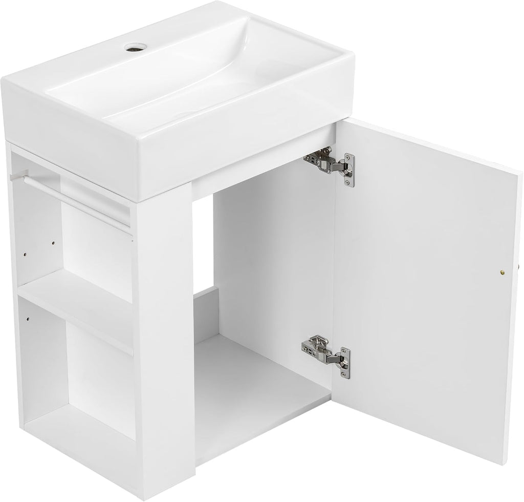 20-inch Bathroom Vanity with Sink Combo, Wall-Mounted Single Storage Cabinet with One Cabinet & Left 2-Tier Storage Shelves, Wooden Vanity with Ceramic Basin for Bathroom, White