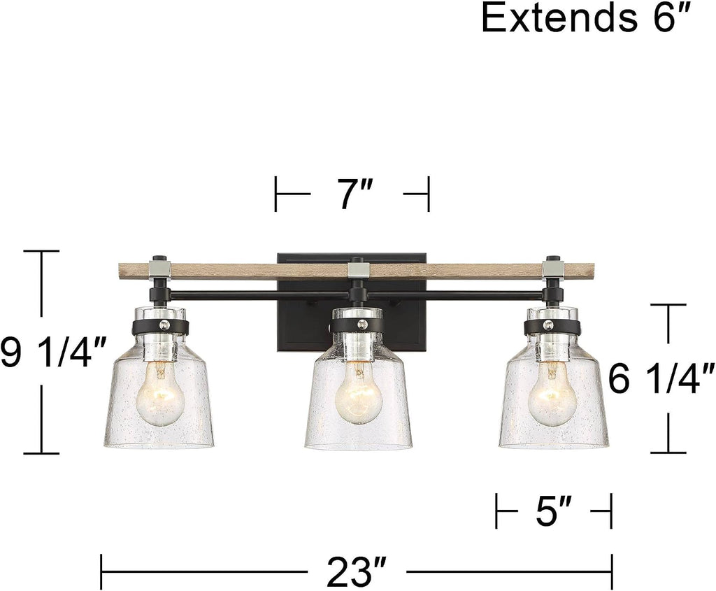 Possini Euro Design Broadway Modern Industrial Wall Light Black Painted Faux Wood Hardwired 23' 3-Light Fixture Clear Seedy Glass Shade for Cottage Core Bedroom Bedside Bathroom Vanity Living Room