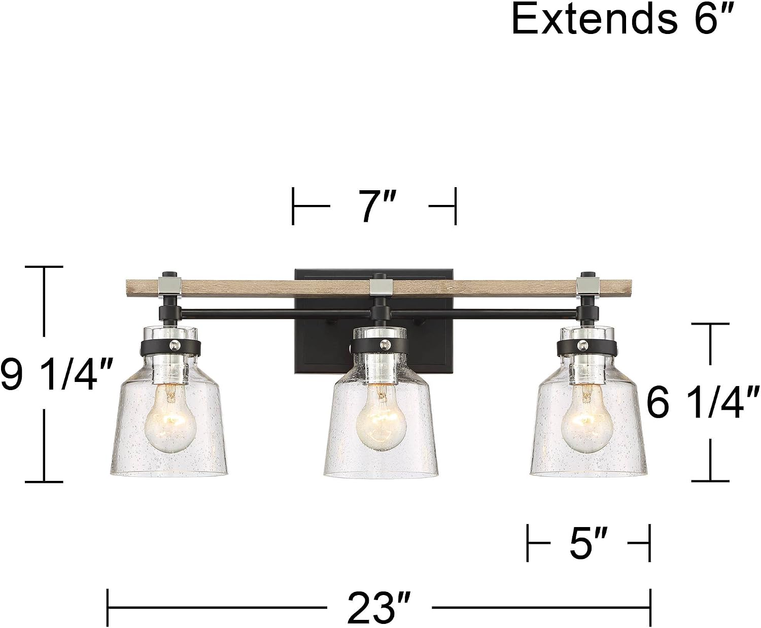 Possini Euro Design Broadway Modern Industrial Wall Light Black Painted Faux Wood Hardwired 23' 3-Light Fixture Clear Seedy Glass Shade for Cottage Core Bedroom Bedside Bathroom Vanity Living Room