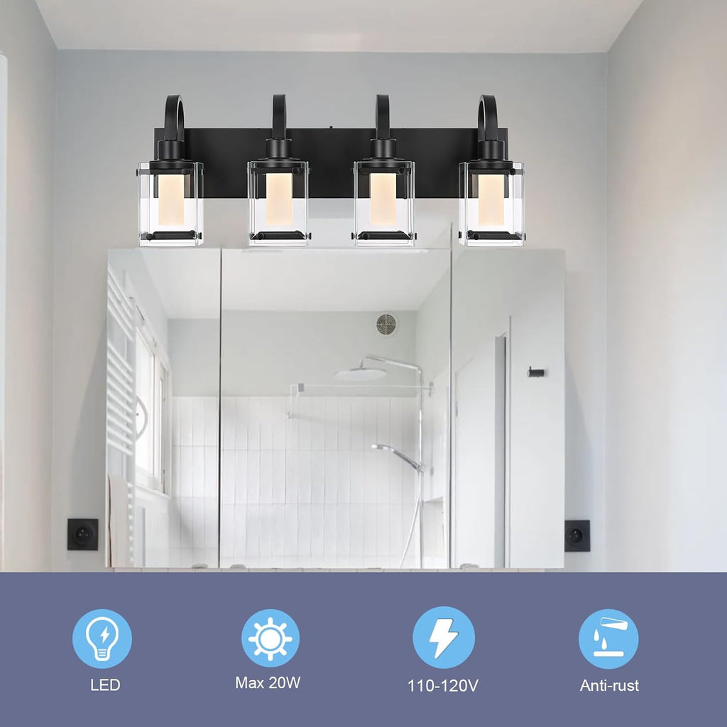 LED Modern Bathroom Vanity Lights, 4 Lights Black Bathroom Light Fixtures for Dressing Room, Integrated LED Chips, Frosted Column with Clear Square Glass Shade, Energy Saving Wall Sconce