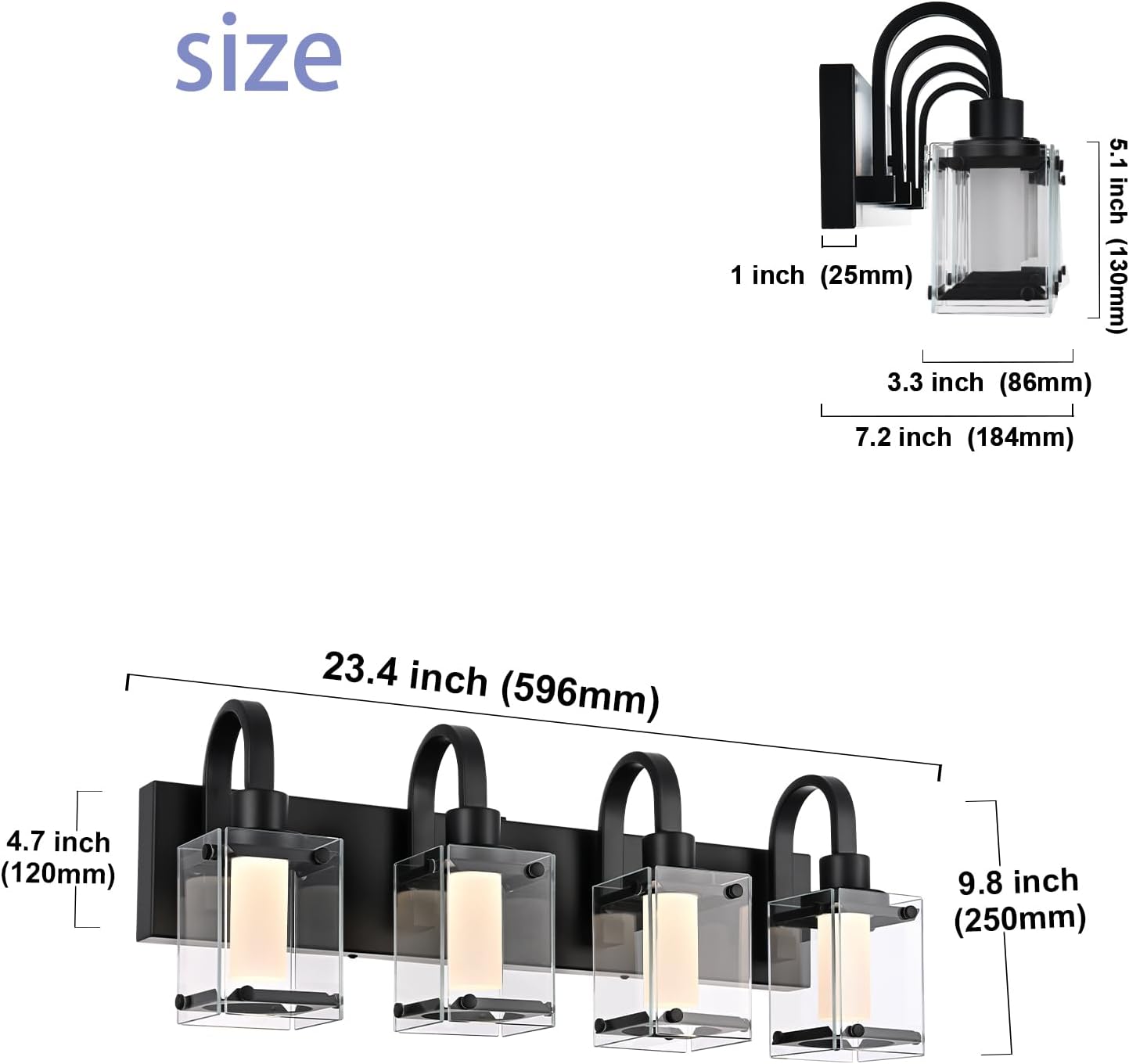 LED Modern Bathroom Vanity Lights, 4 Lights Black Bathroom Light Fixtures for Dressing Room, Integrated LED Chips, Frosted Column with Clear Square Glass Shade, Energy Saving Wall Sconce