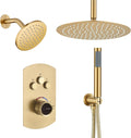 MONDAWE 12 Inch Ceiling Mounted Brushed Gold Shower System, 3-Functions Shower Faucet Set with Rainfall Dual Shower Head and High Pressure Handheld Spray, All Function Can be Used At the Same Time