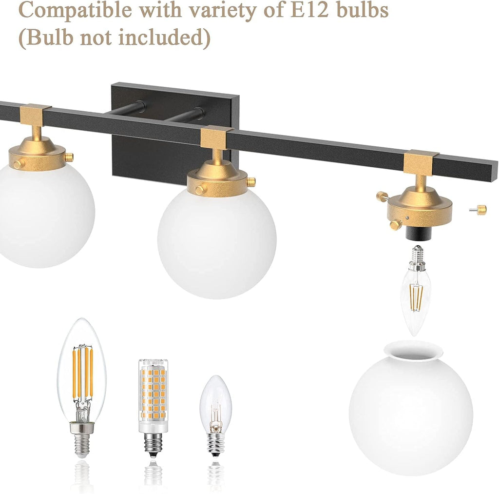 Tipace 4 Lights Mid Century Modern Bathroom Vanity Light Fixtures Over Mirror,Black/Golden Vanity Lights with Milk White Glass Globe for Bathroom(Exclude Bulb)