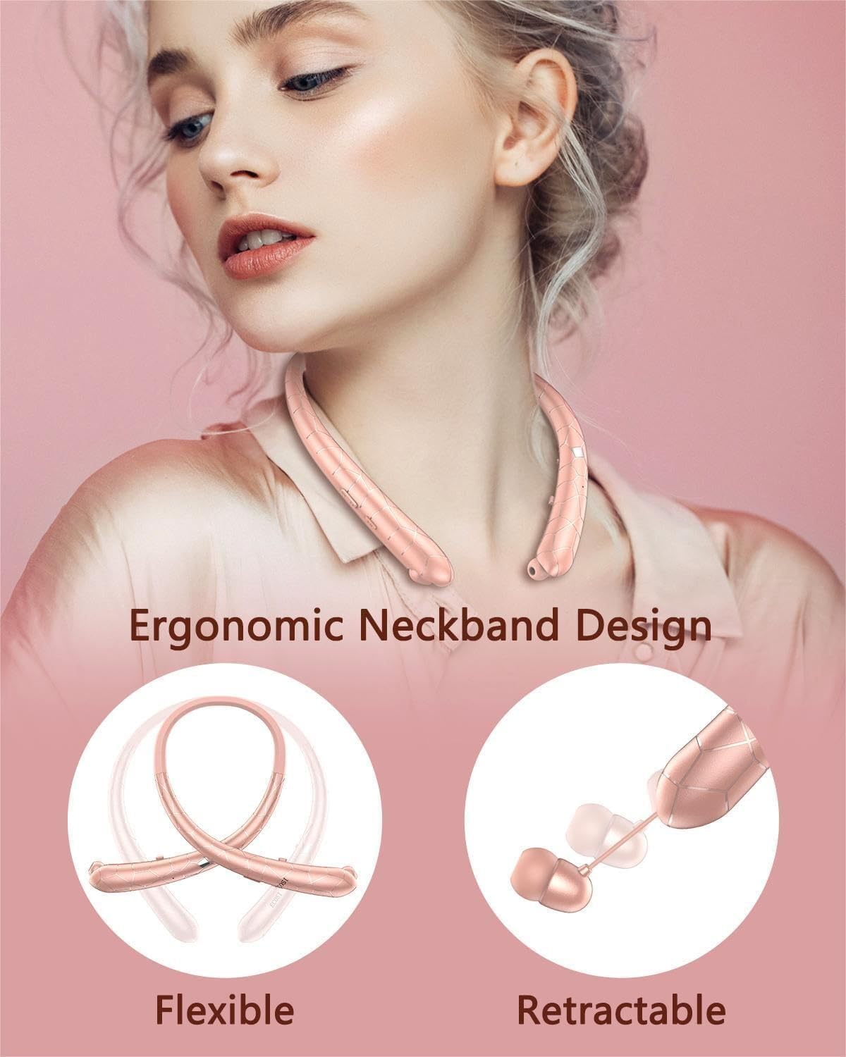 Auto Retractable Earbuds Earphone Neckband Bluetooth Headphones 9D Surround Sound HiFi Stereo Neck Hanging ENC Noise Reduction 10H Music Time IPX5 Waterproof Ultra-Lightweight Comfort for Sports