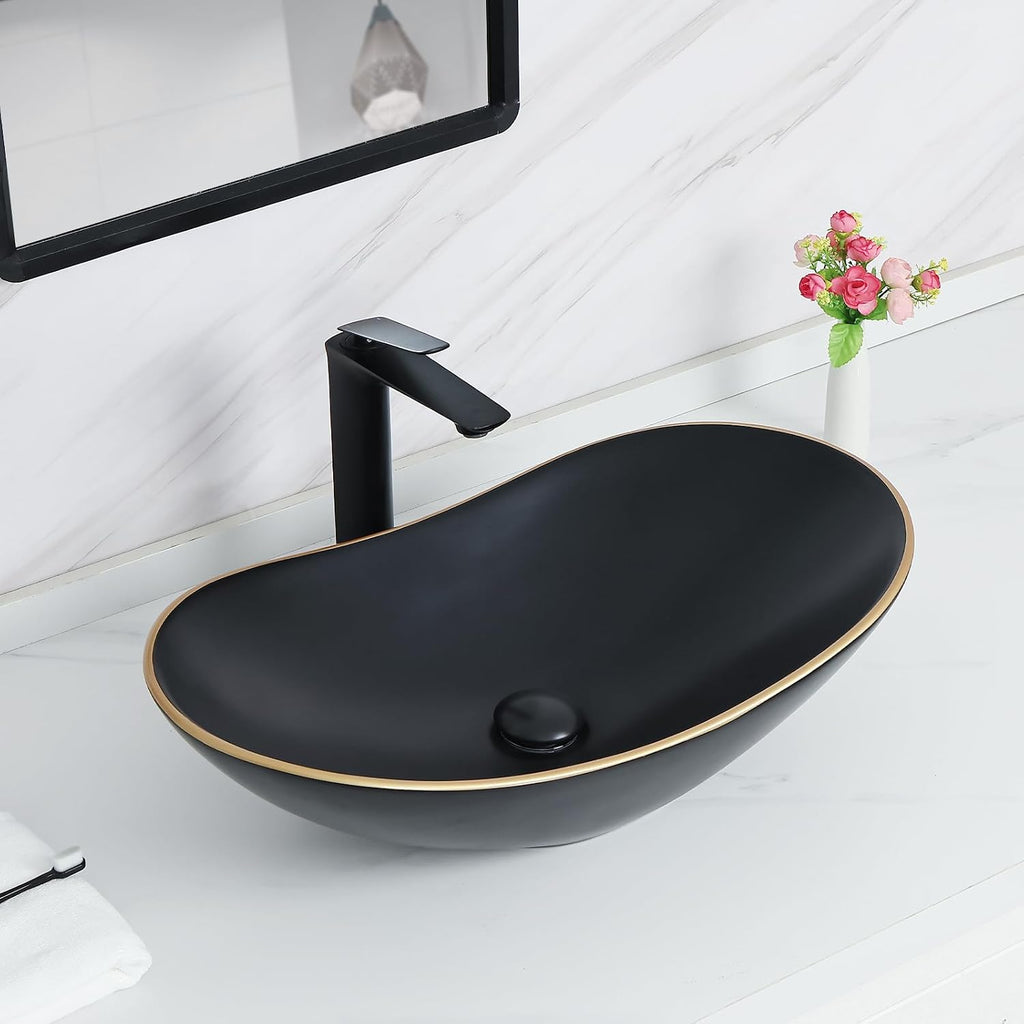 Davivy 24.5'' X 13.8'' Large Matte Black Oval Vessel Sink with Pop Up Drain,Bathroom Sinks Above Counter,Black Vessel Sink with Gold Trim,Ceramic Vessel Sinks for Bathrooms (Large)