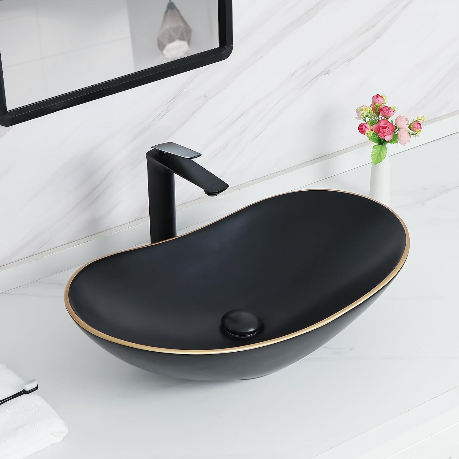 Davivy 24.5'' X 13.8'' Large Matte Black Oval Vessel Sink with Pop Up Drain,Bathroom Sinks Above Counter,Black Vessel Sink with Gold Trim,Ceramic Vessel Sinks for Bathrooms (Large)