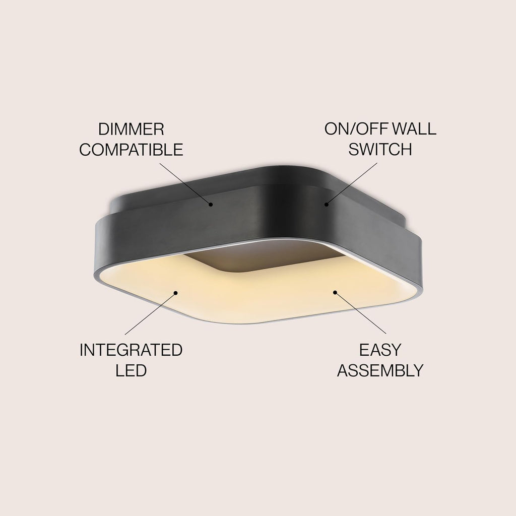 JONATHAN Y 17.7' Black Rafael Square LED Flush Mount Ceiling Light Fixture, Modern Dimmable 3000K Integrated 32W Lighting for Kitchen, Bedroom, Hallway, Metal Body (JYL7207B)