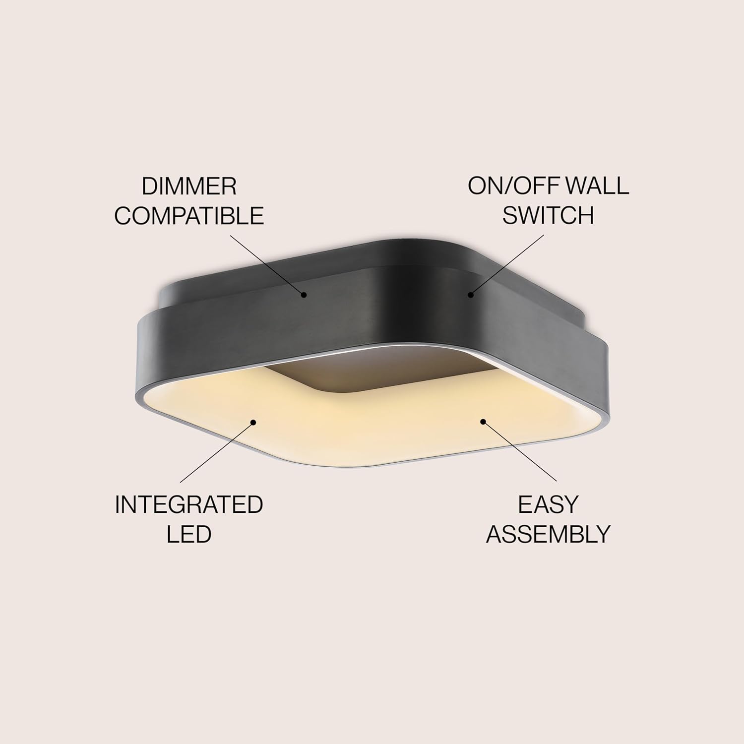 JONATHAN Y 17.7' Black Rafael Square LED Flush Mount Ceiling Light Fixture, Modern Dimmable 3000K Integrated 32W Lighting for Kitchen, Bedroom, Hallway, Metal Body (JYL7207B)