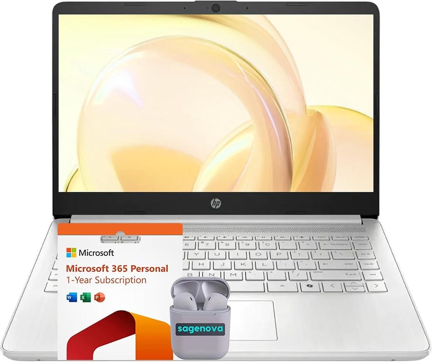 HP 14' HD Business & Student Laptop Computer, 32GB RAM 640GB Storage (128GB UFS + 512GB SD Card), Windows 11 S with 1-Year Microsoft Office 365, Intel N150, SageNova Earphones, Natural Silver
