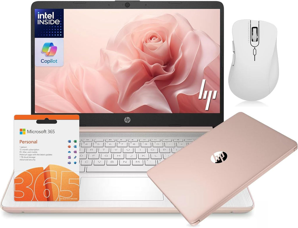HP 14 Laptop Student Business 2025 Flagship, AI Copilot, 4-Core 13th Gen Intel CPU, 16GB RAM, 128GB UFS Storage, 1-Yr Office 365, Long Battery, Win 11S Rose Gold