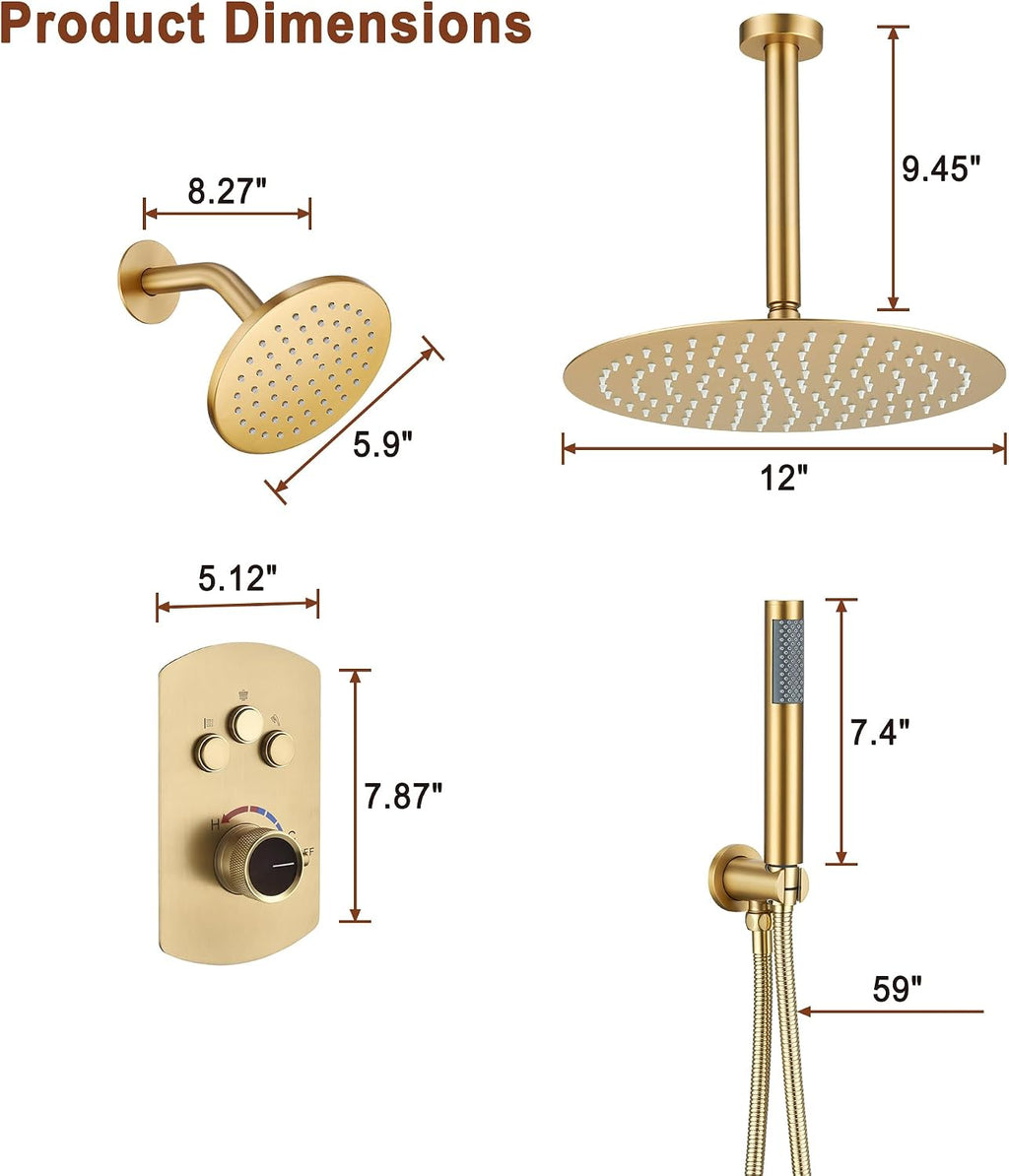 MONDAWE 12 Inch Ceiling Mounted Brushed Gold Shower System, 3-Functions Shower Faucet Set with Rainfall Dual Shower Head and High Pressure Handheld Spray, All Function Can be Used At the Same Time