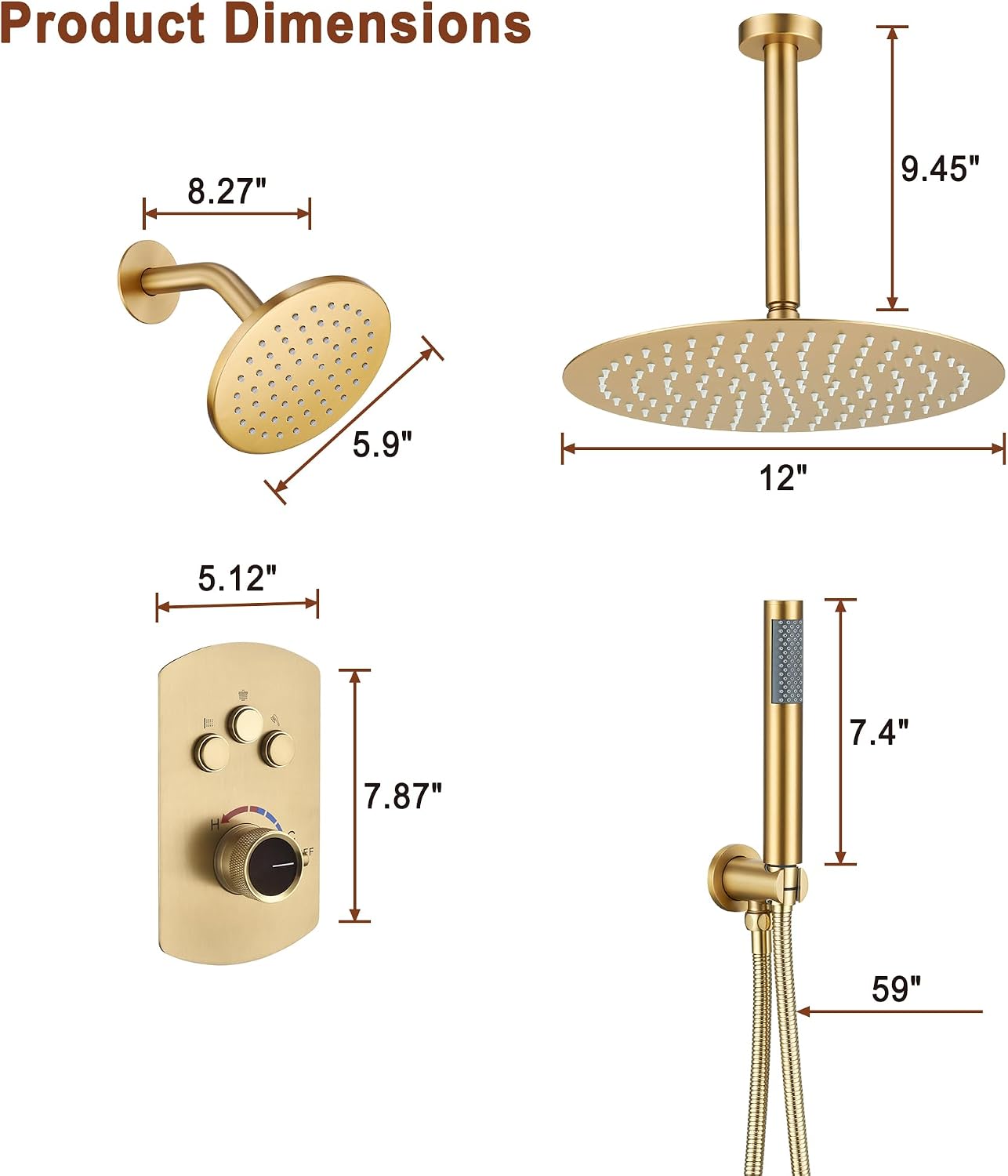 MONDAWE 12 Inch Ceiling Mounted Brushed Gold Shower System, 3-Functions Shower Faucet Set with Rainfall Dual Shower Head and High Pressure Handheld Spray, All Function Can be Used At the Same Time