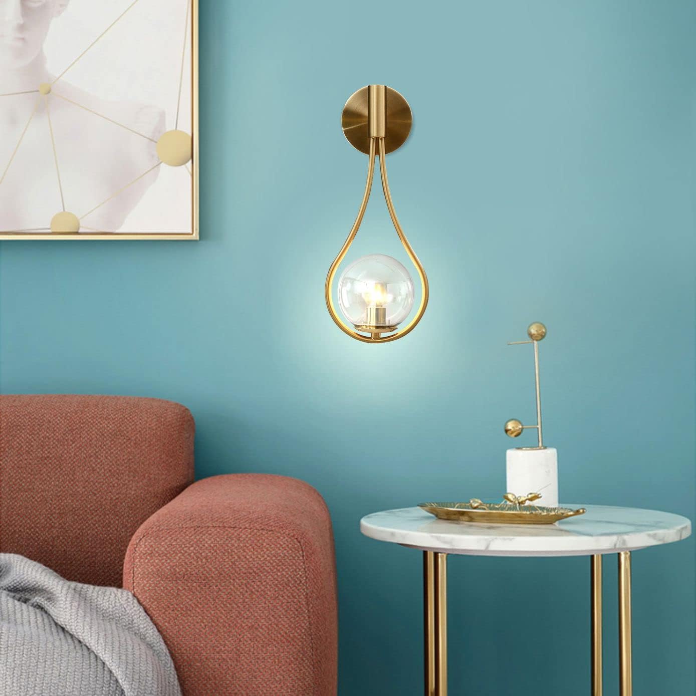 BOKT Gold Globe Glass Wall Sconce 2 Pack Mid-Century Modern Vanity Lights Industrial Clear Glass Bathroom Vanity Light Indoor Wall Lamp for Living Room Hallway Bedroom…