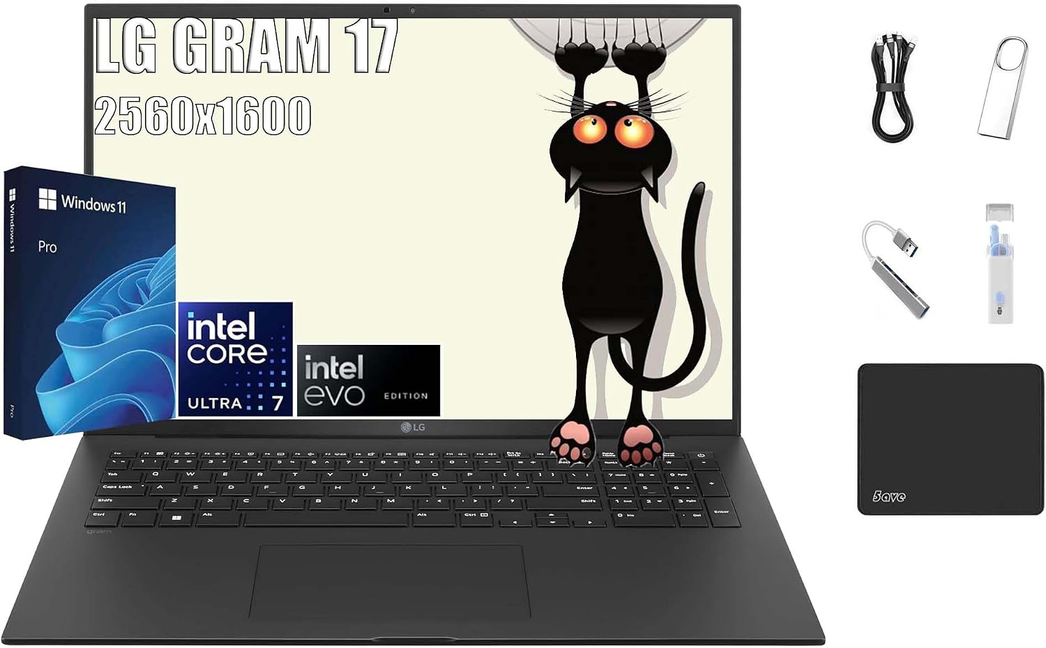 LG gram 17 inch Lightweight Business AI PC Laptop, WQXGA 2560 * 1600, Intel Evo Edition, Intel Core Ultra 7 (16 Core up to 4.8GHz), 16GB RAM, 1TB SSD, Intel Arc, Windows 11 Pro, with 5ave 5 in 1 Kit
