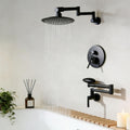Black Tub Shower Faucet Set with Shower Valve and trim kit, Shower Head and Handle Set with 1080° Rotating shower Arm 8 Inch showerhead, 1080° Rotating Bathtub Spout with 4 Modes Tub Spout