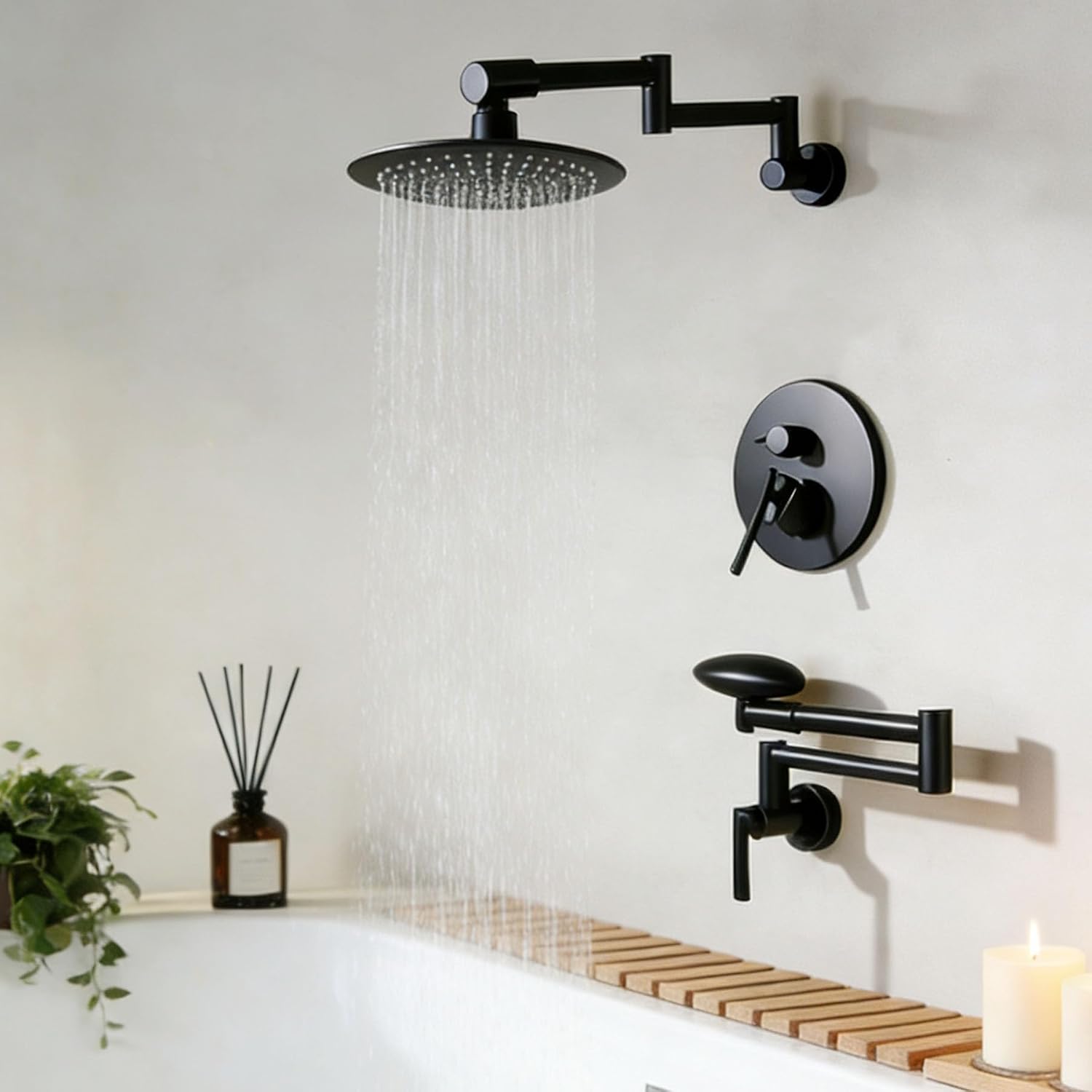 Black Tub Shower Faucet Set with Shower Valve and trim kit, Shower Head and Handle Set with 1080° Rotating shower Arm 8 Inch showerhead, 1080° Rotating Bathtub Spout with 4 Modes Tub Spout