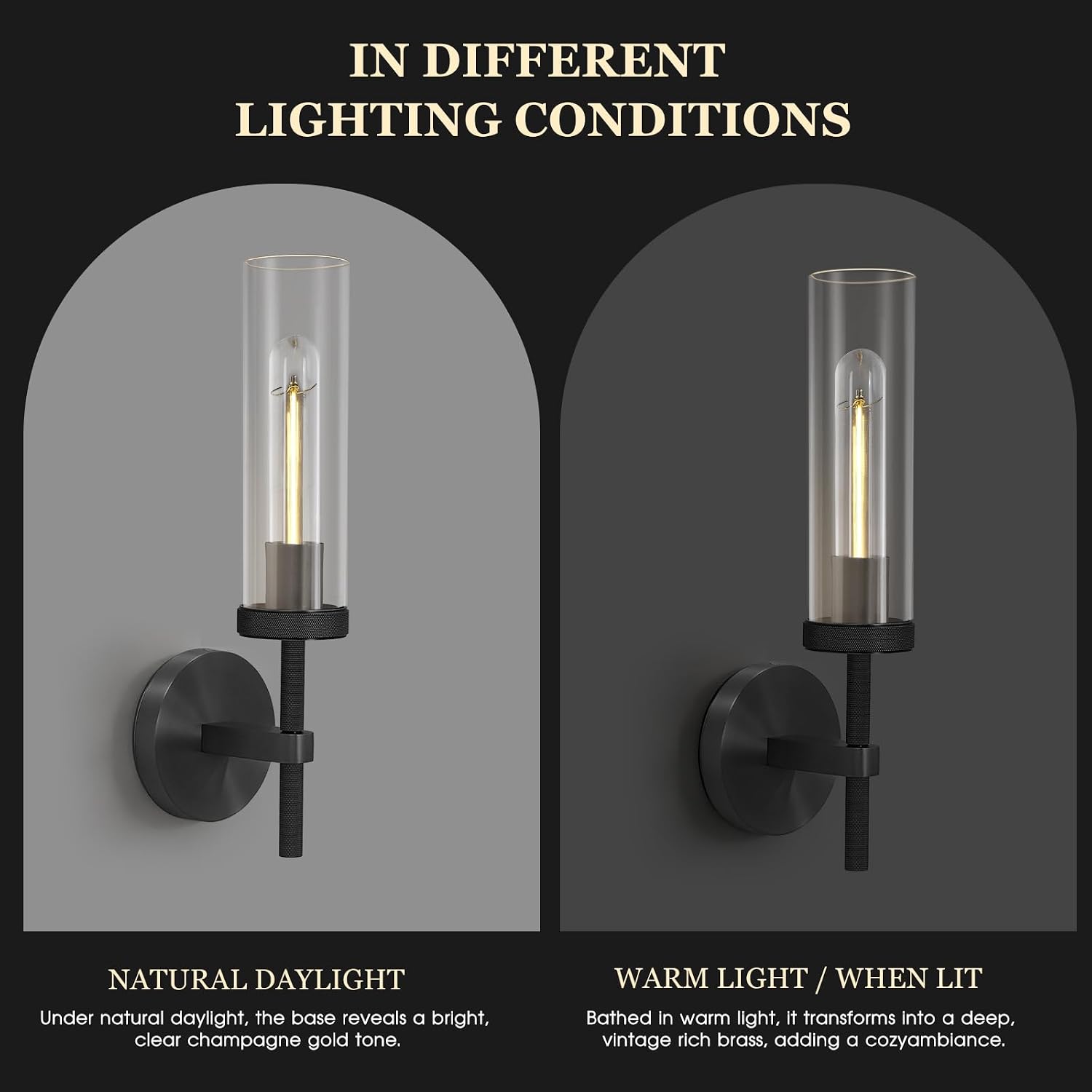 Knurled Wall Sconces, 1 Pack Black Wall Sconce Lights, 14' Black Bathroom Wall Sconces, Glass Linear Sconce Wall Lighting, Vanity Lights Bathroom Light Fixture Wall Lights for Living Room