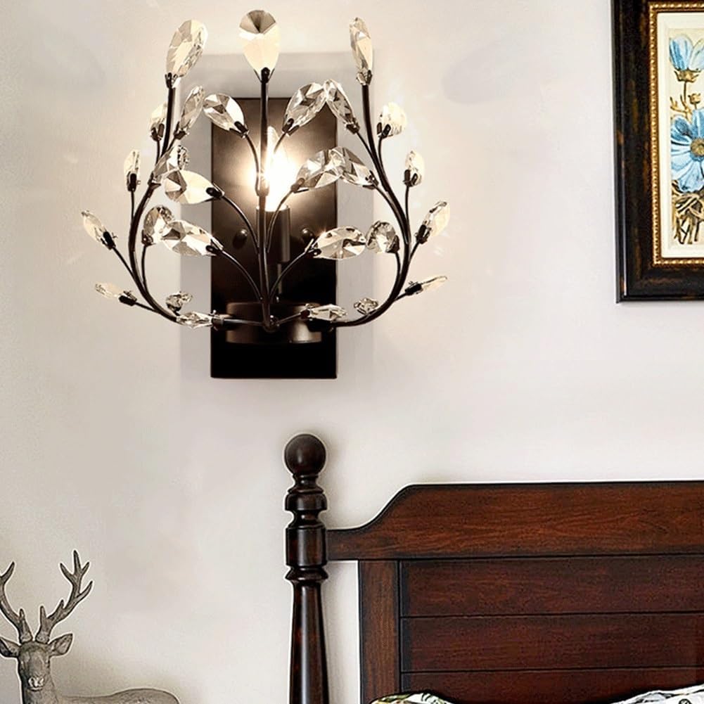 Wall Sconces Creative Retro Crystal Wall Sconces Wrought Iron Crystal Branches Wall Light Wall Mounted Lighting Fixture for Dining Room Bathroom Bedroom Living Room Entryway(Black)