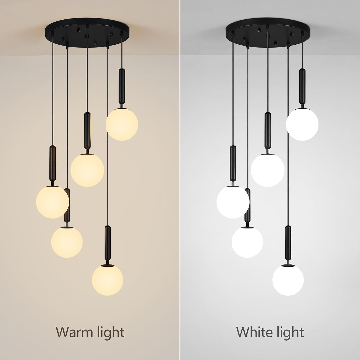 Modern Black Pendant Light Hanging Fixture Light for Kitchen Island Mid Century with Globe Pendant Light Milk White Glass Pendant Lighting for Living Room Bedroom Entryway (5 Lights)