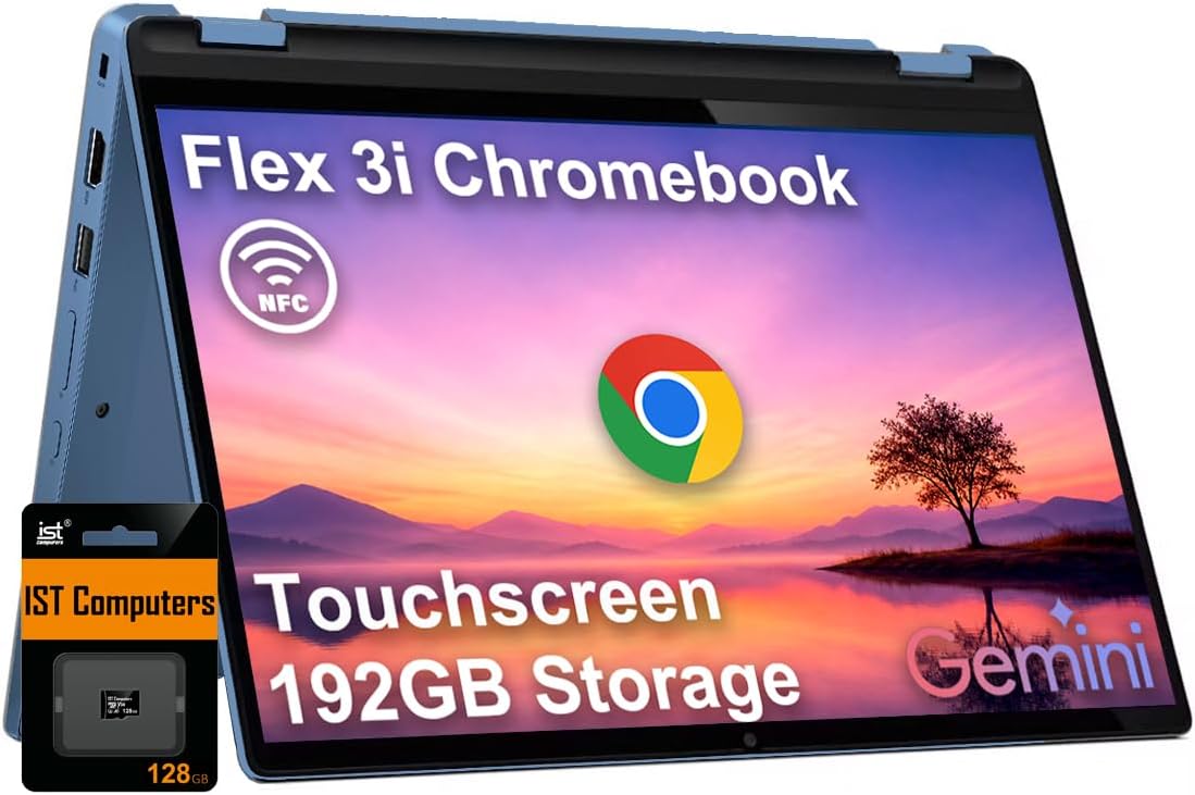 Lenovo IdeaPad Flex 3i Chromebook 2-in-1 Laptop (12.2' FHD+ Touchscreen, Intel N100, 4GB DDR5, 192GB Storage (64GB eMMC + 128GB SD Card)) for Home & Student, Long Battery Life, NFC, Chrome OS, Blue