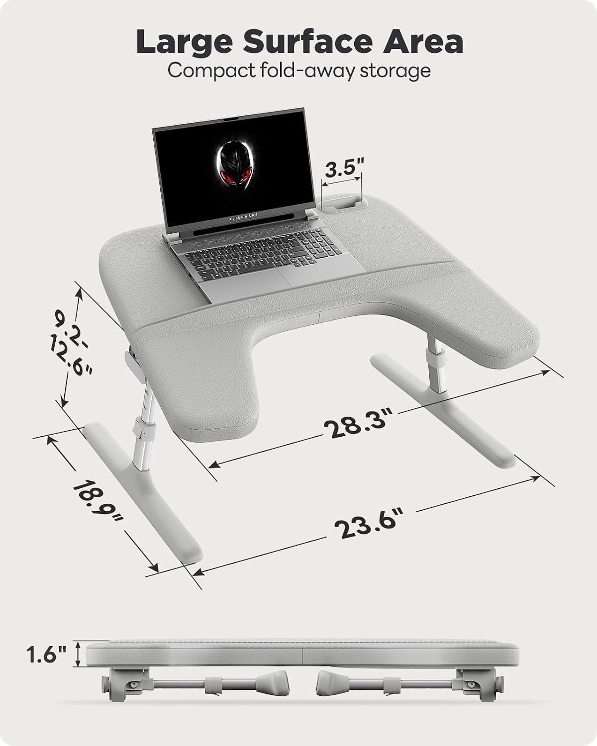 SAIJI Laptop Lap Desk for Bed & Couch, Adjustable Height & Angle Bed Desk with Soft Armrest for Adults, Ergo Curve Folding Bed Table for Working, Reading and Gaming, Laptop Desk for Bed (Gray)