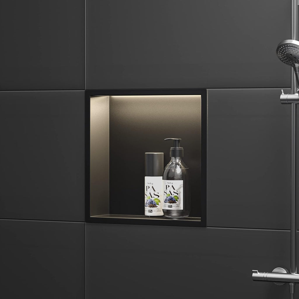 Led Shower Niche 12' X 12' Matte Black 304 Stainless Steel with Lighting Waterproof No Tile Need Shower Shelf for Bathroom Recessed Wall Niche