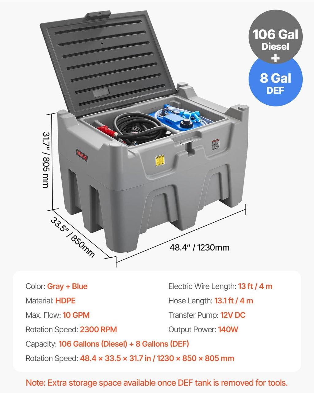 VEVOR Diesel Tank, Separated 106 Gal Diesel & 8 Gal DEF Storage Tank, Leakproof Transfer Tanks with Pump & 13 Ft Hose, 10 GPM Flow Rate, Gas Storage Tanks for Easy Transportation