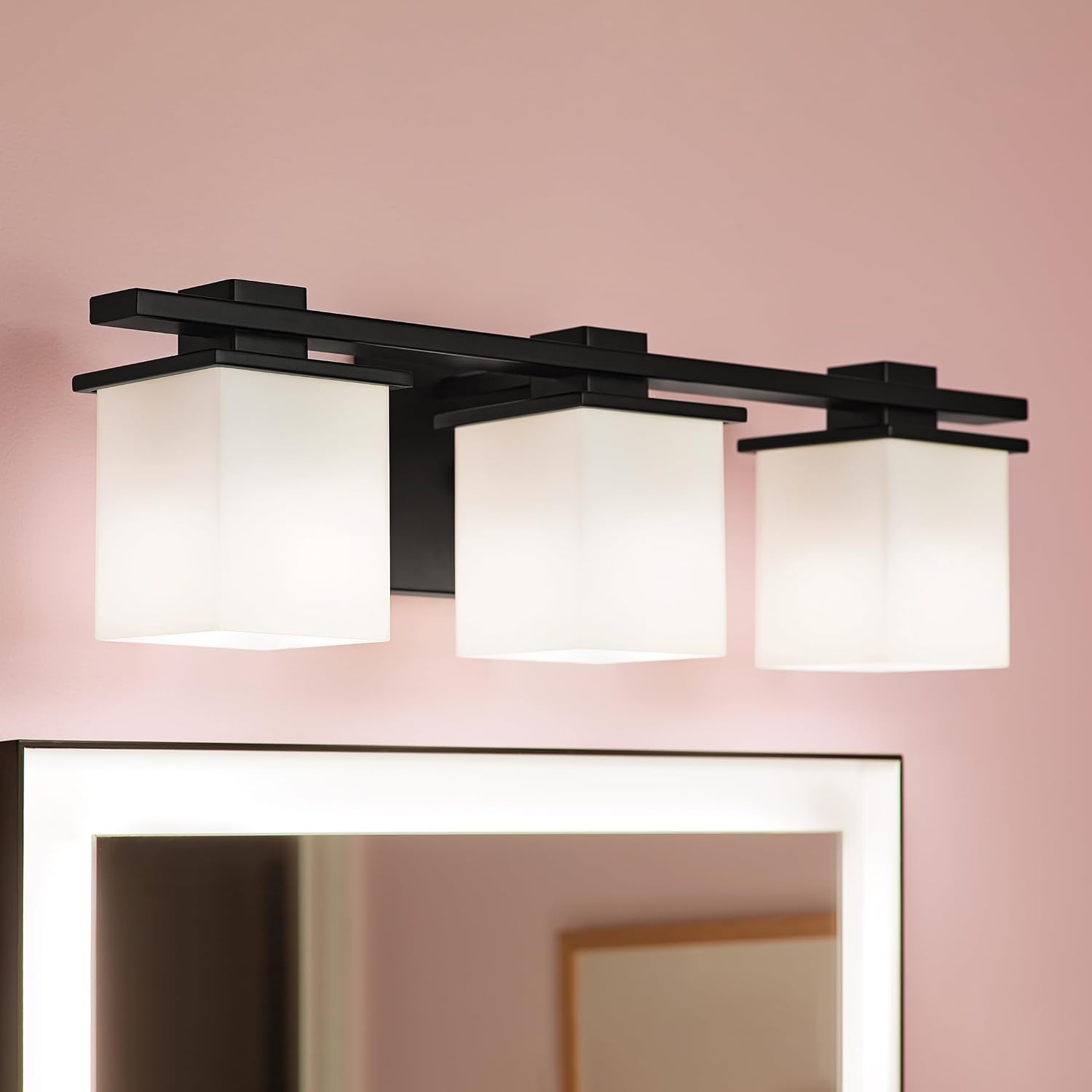 Kichler Tully 24' 3-Light Bathroom Vanity Light Fixture with Satin Etched Cased Opal Glass in Black for Over Mirror, Soft Modern Style (24' x 6.5' x 7'), 45151BK