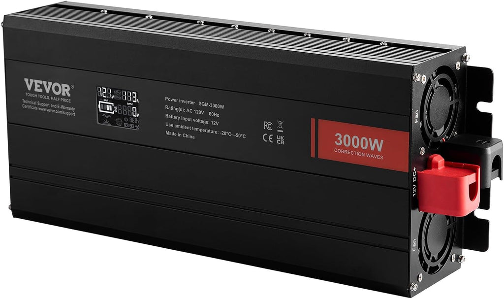 VEVOR Modified Sine Wave Inverter, 3000Watt, DC 12V to AC 120V LCD Display Power Inverter with 3 AC Outlets 2 USB Port 1 Type-C Port 10 Spare Fuses, for Large Household Equipment, CE FCC Certified