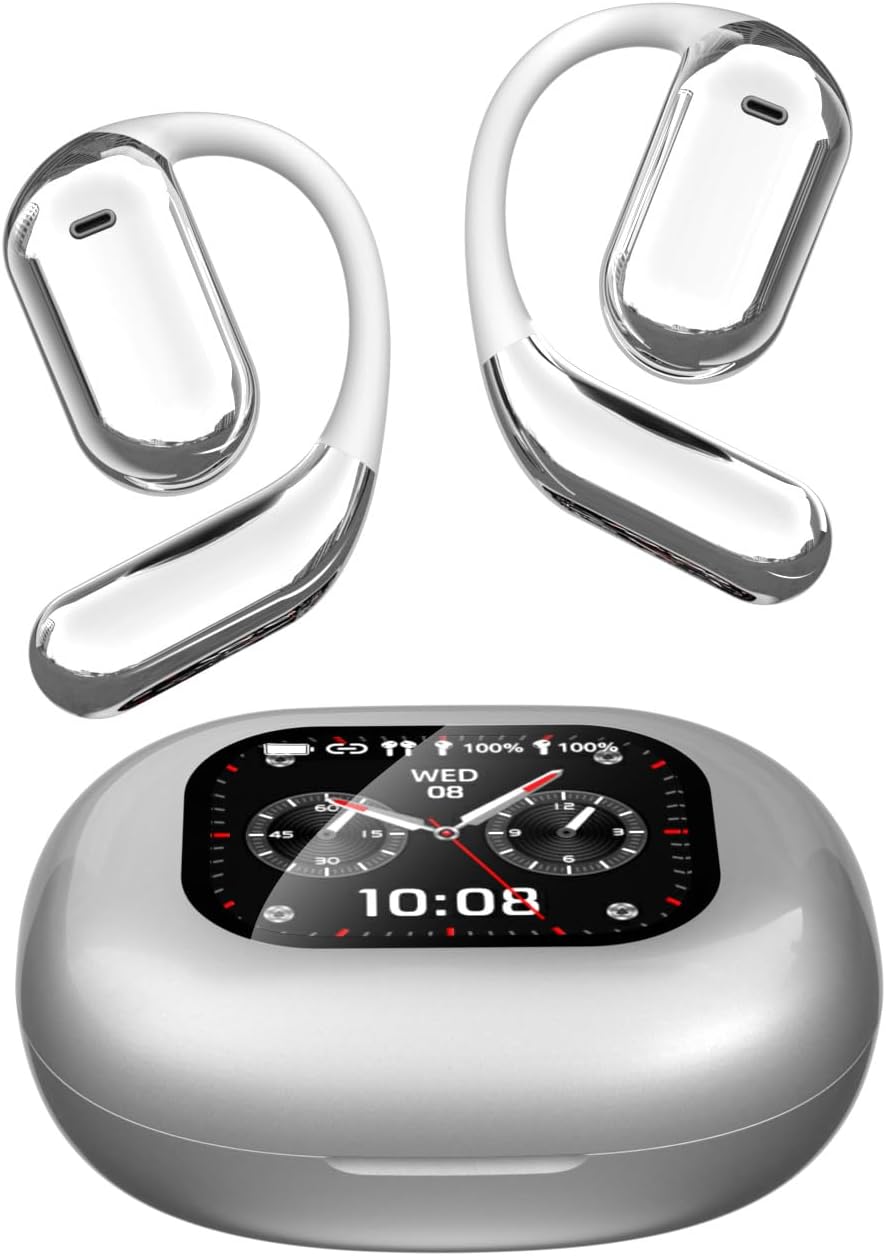 Open-Ear Wireless Earbuds Bluetooth 5.4 Headphones with Intelligent Touch Screen & Earhook, 40Hrs Playback Sport Ear Buds Earphones,Ultra-Comfort Design,Compatible with iPhone & Android,White
