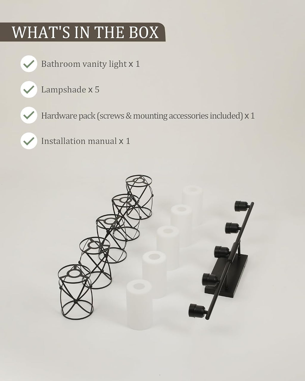 5-Light Matte Black Bathroom Light Fixtures Over Mirror, 38' UL-Listed Modern Farmhouse Wall Sconce Lights with Milk White Frosted Glass and Metal Cage for Bath, E26, CH9176BKW-5W