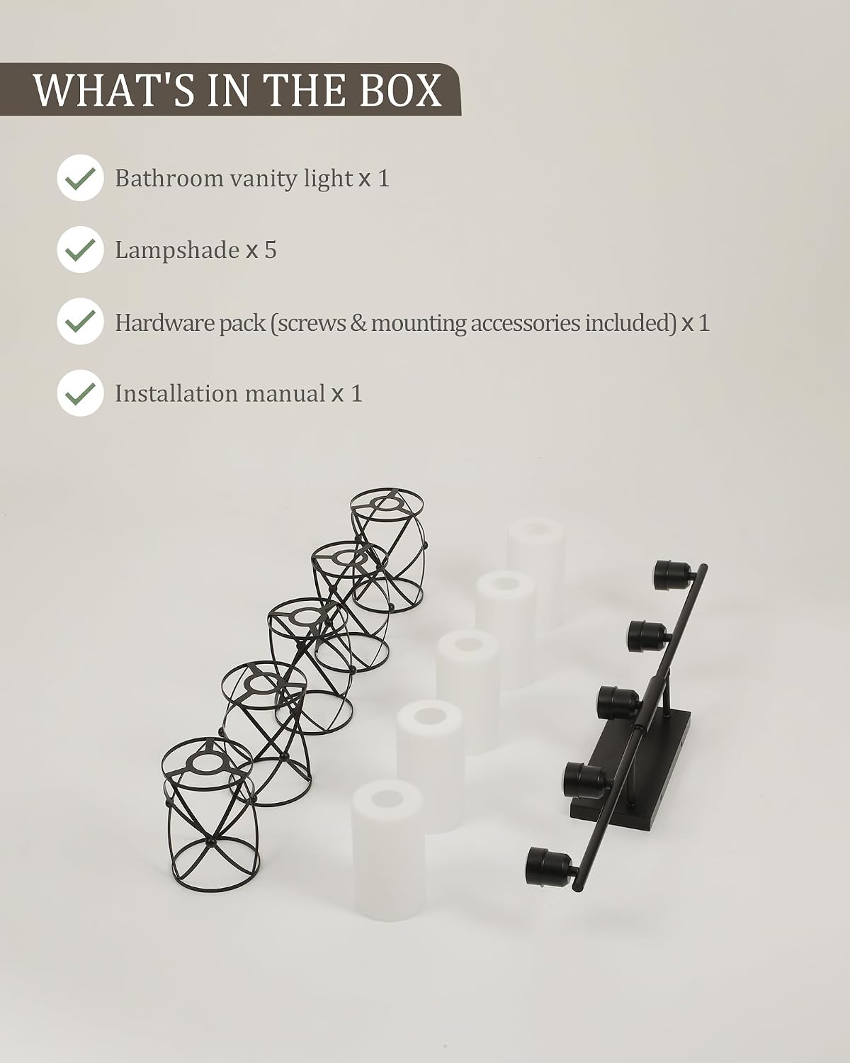 5-Light Matte Black Bathroom Light Fixtures Over Mirror, 38' UL-Listed Modern Farmhouse Wall Sconce Lights with Milk White Frosted Glass and Metal Cage for Bath, E26, CH9176BKW-5W